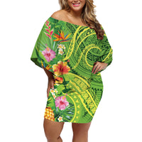 Polynesian Tribal Flower Tattoo Family Matching Off Shoulder Short Dress and Hawaiian Shirt Special Lime Green Vibe LT9 Mom's Dress Lime Green - Polynesian Pride