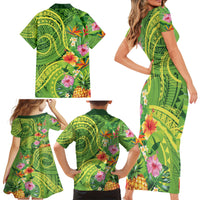 Polynesian Tribal Flower Tattoo Family Matching Short Sleeve Bodycon Dress and Hawaiian Shirt Special Lime Green Vibe LT9 - Polynesian Pride