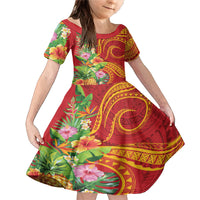 Polynesian Tribal Flower Tattoo Family Matching Mermaid Dress and Hawaiian Shirt Special Vermilion Vibe LT9 Daughter's Dress Brownish-red - Polynesian Pride