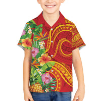 Polynesian Tribal Flower Tattoo Family Matching Off Shoulder Short Dress and Hawaiian Shirt Special Vermilion Vibe LT9 Son's Shirt Brownish-red - Polynesian Pride