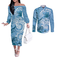 Polynesian Hibiscus Flower Tribal Couples Matching Off The Shoulder Long Sleeve Dress and Long Sleeve Button Shirt Blue Color LT9 Blue - Polynesian Pride