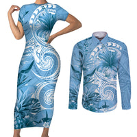 Polynesian Hibiscus Flower Tribal Couples Matching Short Sleeve Bodycon Dress and Long Sleeve Button Shirt Blue Color LT9 Blue - Polynesian Pride
