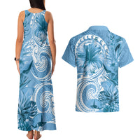 Polynesian Hibiscus Flower Tribal Couples Matching Tank Maxi Dress and Hawaiian Shirt Blue Color LT9 - Polynesian Pride