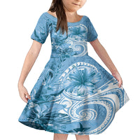 Polynesian Hibiscus Flower Tribal Family Matching Off Shoulder Short Dress and Hawaiian Shirt Blue Color LT9 Daughter's Dress Blue - Polynesian Pride