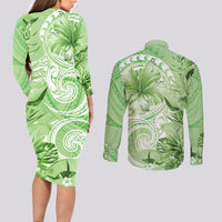 Polynesian Hibiscus Flower Tribal Couples Matching Long Sleeve Bodycon Dress and Long Sleeve Button Shirt Lime Green Color LT9 - Polynesian Pride