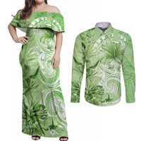 Polynesian Hibiscus Flower Tribal Couples Matching Off Shoulder Maxi Dress and Long Sleeve Button Shirt Lime Green Color