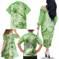 Polynesian Hibiscus Flower Tribal Family Matching Off The Shoulder Long Sleeve Dress and Hawaiian Shirt Lime Green Color