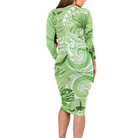 Polynesian Hibiscus Flower Tribal Long Sleeve Bodycon Dress Lime Green Color