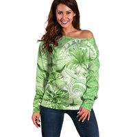 Polynesian Hibiscus Flower Tribal Off Shoulder Sweater Lime Green Color