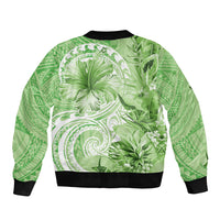 Polynesian Hibiscus Flower Tribal Sleeve Zip Bomber Jacket Lime Green Color