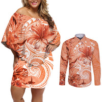 Polynesian Hibiscus Flower Tribal Couples Matching Off Shoulder Short Dress and Long Sleeve Button Shirt Peach Color LT9 Peach - Polynesian Pride