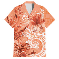 Polynesian Hibiscus Flower Tribal Family Matching Short Sleeve Bodycon Dress and Hawaiian Shirt Peach Color LT9 Dad's Shirt - Short Sleeve Peach - Polynesian Pride
