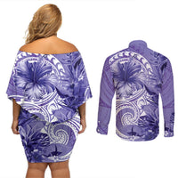 Polynesian Hibiscus Flower Tribal Couples Matching Off Shoulder Short Dress and Long Sleeve Button Shirt Violet Color