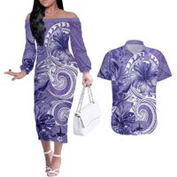 Polynesian Hibiscus Flower Tribal Couples Matching Off The Shoulder Long Sleeve Dress and Hawaiian Shirt Violet Color