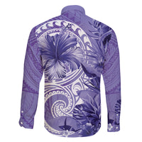 Polynesian Hibiscus Flower Tribal Family Matching Off The Shoulder Long Sleeve Dress and Hawaiian Shirt Violet Color