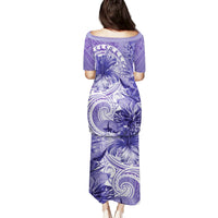 Polynesian Hibiscus Flower Tribal Family Matching Puletasi and Hawaiian Shirt Violet Color