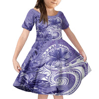 Polynesian Hibiscus Flower Tribal Family Matching Short Sleeve Bodycon Dress and Hawaiian Shirt Violet Color LT9 Daughter's Dress Violet - Polynesian Pride