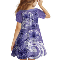 Polynesian Hibiscus Flower Tribal Kid Short Sleeve Dress Violet Color