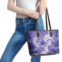 Polynesian Hibiscus Flower Tribal Leather Tote Bag Violet Color