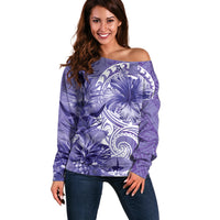 Polynesian Hibiscus Flower Tribal Off Shoulder Sweater Violet Color