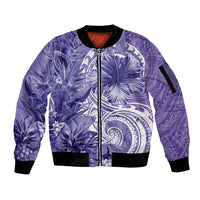 Polynesian Hibiscus Flower Tribal Sleeve Zip Bomber Jacket Violet Color
