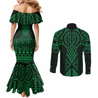 Kakariki Maori Ta Moko Poutama Art Couples Matching Mermaid Dress and Long Sleeve Button Shirt LT9 - Polynesian Pride