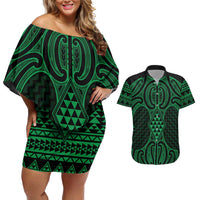Kakariki Maori Ta Moko Poutama Art Couples Matching Off Shoulder Short Dress and Hawaiian Shirt LT9 Green - Polynesian Pride