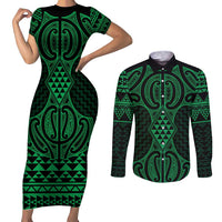 Kakariki Maori Ta Moko Poutama Art Couples Matching Short Sleeve Bodycon Dress and Long Sleeve Button Shirt LT9 Green - Polynesian Pride