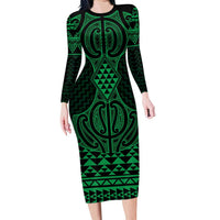 Kakariki Maori Ta Moko Poutama Art Family Matching Long Sleeve Bodycon Dress and Hawaiian Shirt LT9 Mom's Dress Green - Polynesian Pride