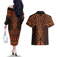 Karaka Maori Ta Moko Poutama Art Couples Matching Off The Shoulder Long Sleeve Dress and Hawaiian Shirt
