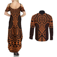 Karaka Maori Ta Moko Poutama Art Couples Matching Summer Maxi Dress and Long Sleeve Button Shirt LT9 - Polynesian Pride