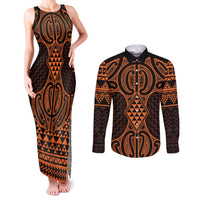 Karaka Maori Ta Moko Poutama Art Couples Matching Tank Maxi Dress and Long Sleeve Button Shirt LT9 Gold - Polynesian Pride