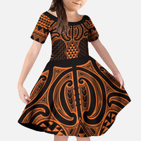 Karaka Maori Ta Moko Poutama Art Family Matching Short Sleeve Bodycon Dress and Hawaiian Shirt LT9 Daughter's Dress Gold - Polynesian Pride