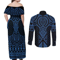 Kikorangi Maori Ta Moko Poutama Art Couples Matching Off Shoulder Maxi Dress and Long Sleeve Button Shirt LT9 - Polynesian Pride