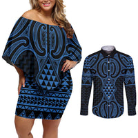 Kikorangi Maori Ta Moko Poutama Art Couples Matching Off Shoulder Short Dress and Long Sleeve Button Shirt LT9 Blue - Polynesian Pride