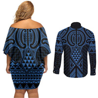 Kikorangi Maori Ta Moko Poutama Art Couples Matching Off Shoulder Short Dress and Long Sleeve Button Shirt LT9 - Polynesian Pride