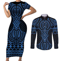 Kikorangi Maori Ta Moko Poutama Art Couples Matching Short Sleeve Bodycon Dress and Long Sleeve Button Shirt LT9 Blue - Polynesian Pride