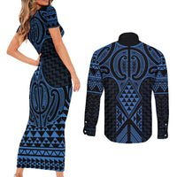 Kikorangi Maori Ta Moko Poutama Art Couples Matching Short Sleeve Bodycon Dress and Long Sleeve Button Shirt LT9 - Polynesian Pride