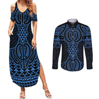 Kikorangi Maori Ta Moko Poutama Art Couples Matching Summer Maxi Dress and Long Sleeve Button Shirt LT9 Blue - Polynesian Pride
