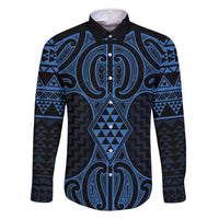 Kikorangi Maori Ta Moko Poutama Art Family Matching Long Sleeve Bodycon Dress and Hawaiian Shirt LT9 Dad's Shirt - Long Sleeve Blue - Polynesian Pride
