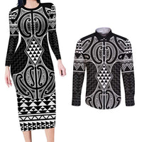 Ma Maori Ta Moko Poutama Art Couples Matching Long Sleeve Bodycon Dress and Long Sleeve Button Shirt LT9 White - Polynesian Pride