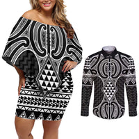 Ma Maori Ta Moko Poutama Art Couples Matching Off Shoulder Short Dress and Long Sleeve Button Shirt LT9 White - Polynesian Pride