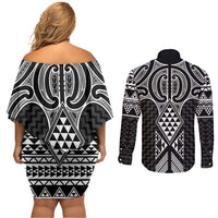 Ma Maori Ta Moko Poutama Art Couples Matching Off Shoulder Short Dress and Long Sleeve Button Shirt LT9 - Polynesian Pride