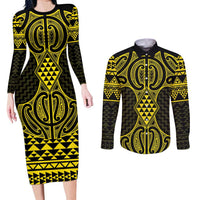 Mahi-dawg Maori Ta Moko Poutama Art Couples Matching Long Sleeve Bodycon Dress and Long Sleeve Button Shirt LT9 Yellow - Polynesian Pride