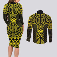 Mahi-dawg Maori Ta Moko Poutama Art Couples Matching Long Sleeve Bodycon Dress and Long Sleeve Button Shirt LT9 - Polynesian Pride
