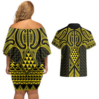 Mahi-dawg Maori Ta Moko Poutama Art Couples Matching Off Shoulder Short Dress and Hawaiian Shirt LT9 - Polynesian Pride