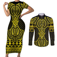 Mahi-dawg Maori Ta Moko Poutama Art Couples Matching Short Sleeve Bodycon Dress and Long Sleeve Button Shirt