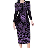Waiporoporo Maori Ta Moko Poutama Art Family Matching Long Sleeve Bodycon Dress and Hawaiian Shirt LT9 Mom's Dress Purple - Polynesian Pride