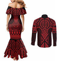 Whero Maori Ta Moko Poutama Art Couples Matching Mermaid Dress and Long Sleeve Button Shirt LT9 - Polynesian Pride
