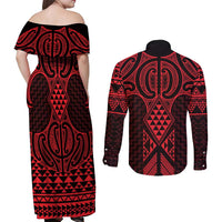 Whero Maori Ta Moko Poutama Art Couples Matching Off Shoulder Maxi Dress and Long Sleeve Button Shirt